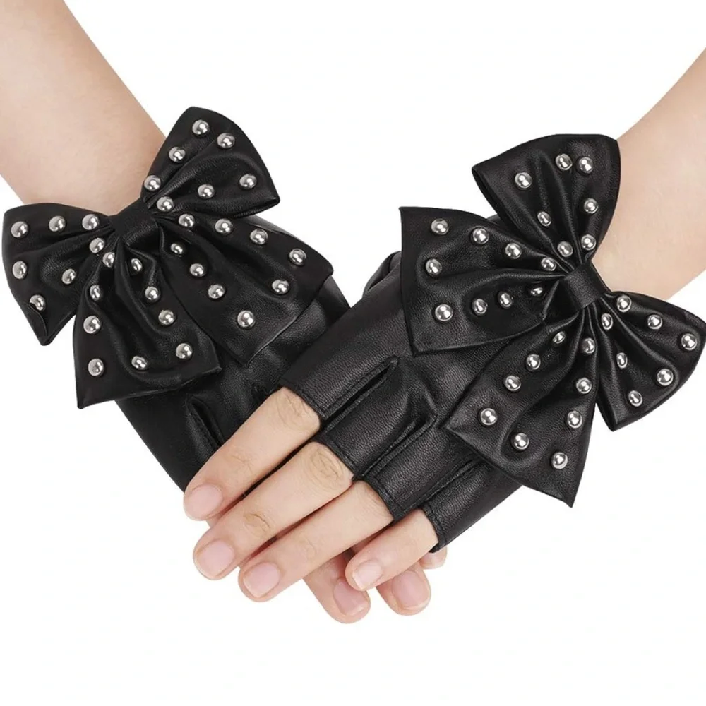Leatherette Studded Bow Gloves